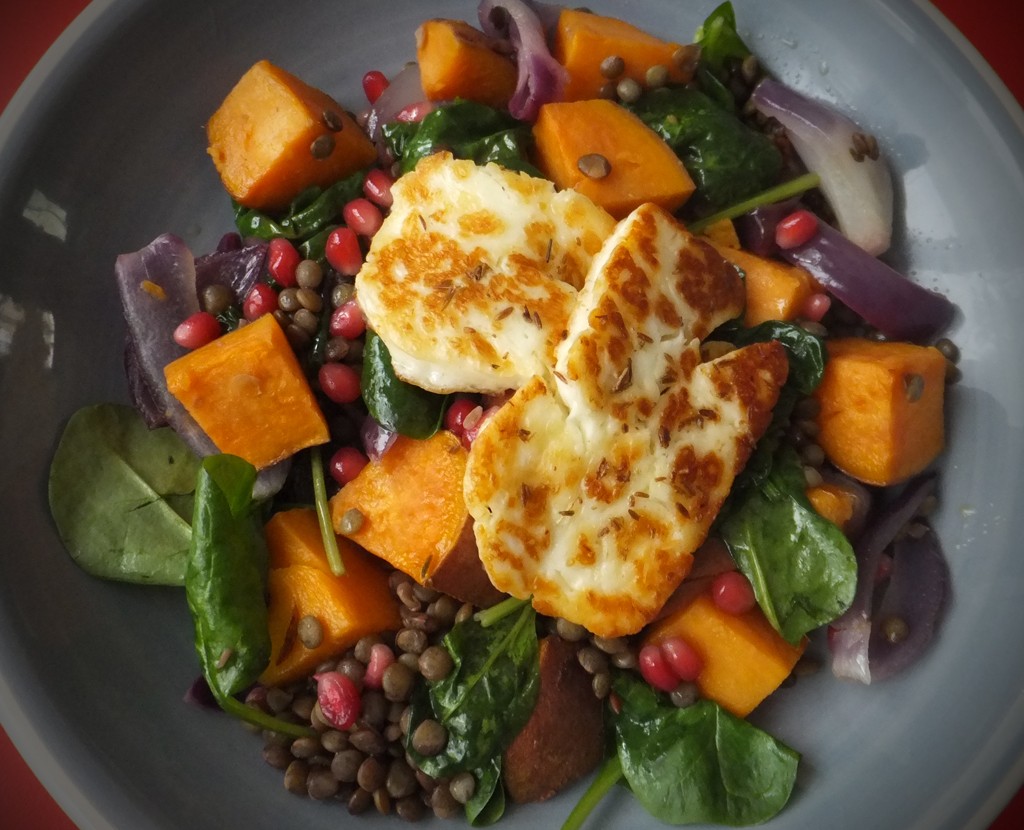 Roasted sweet potato, lentil and spiced halloumi salad