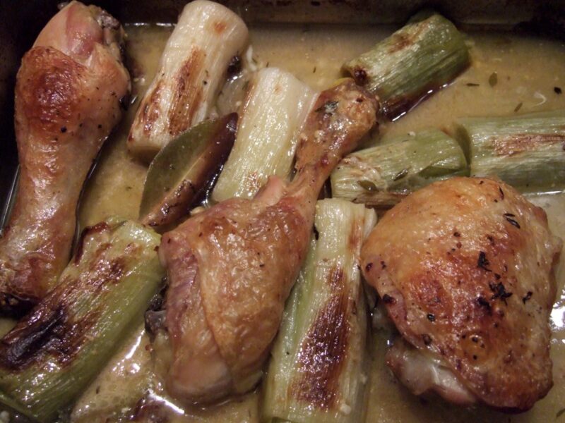 Chicken and leek baked in herby wine sauce