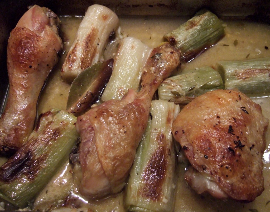 Chicken and leek baked in herby wine sauce