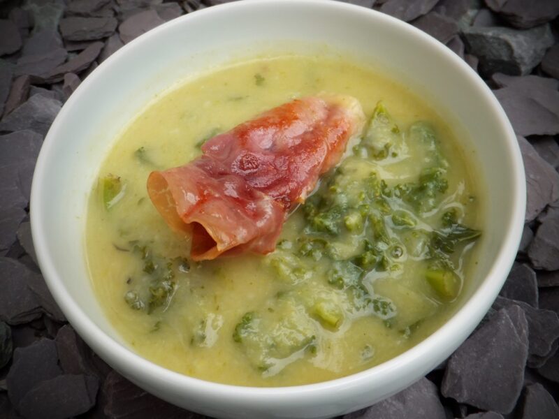 Leek, potato and kale soup with Prosciutto