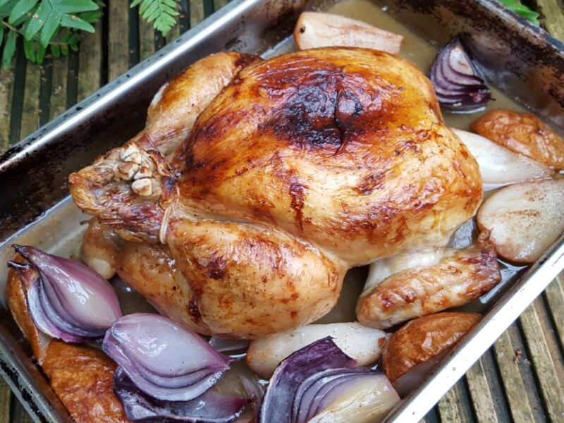 Maple glazed roast chicken with pears