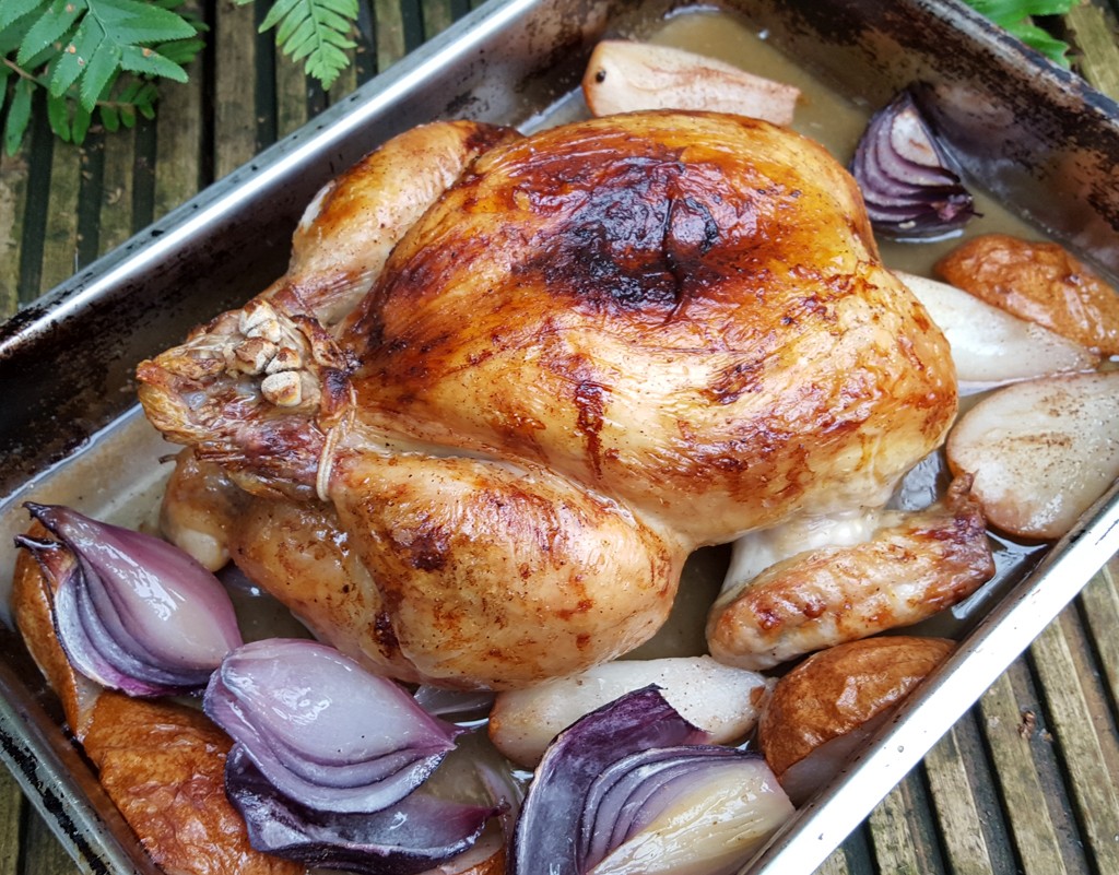 Maple glazed roast chicken with pears