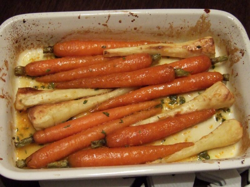 Roasted carrots and parsnips with maple and orange glaze