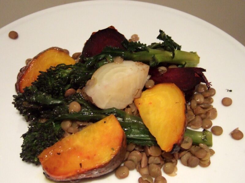 Roasted beetroot, broccoli and lentil salad