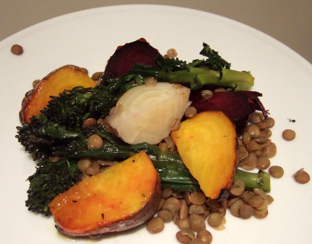 Roasted beetroot, broccoli and lentil salad