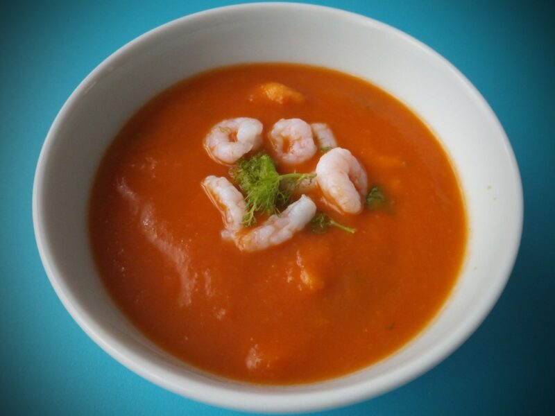 Fennel and tomato soup with prawns