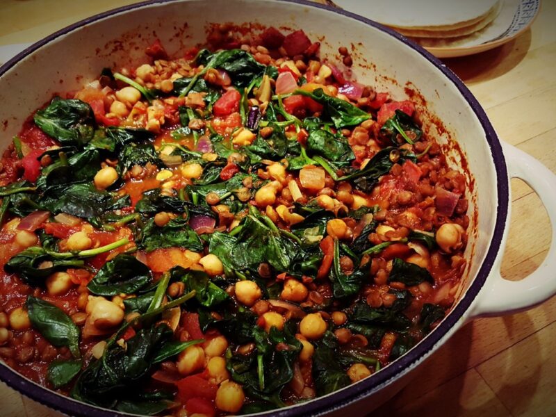 Lentil, chickpea and spinach curry