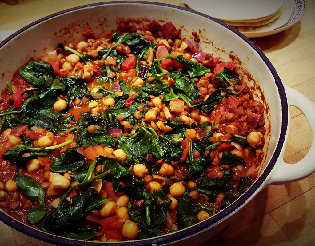 Lentil, chickpea and spinach curry