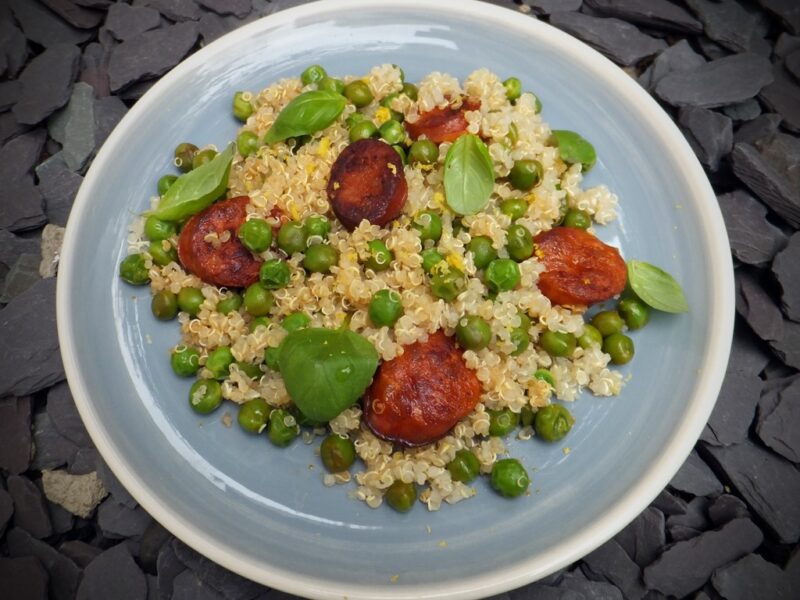 Chorizo, quinoa and green peas