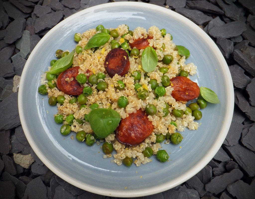 Chorizo, quinoa and green peas