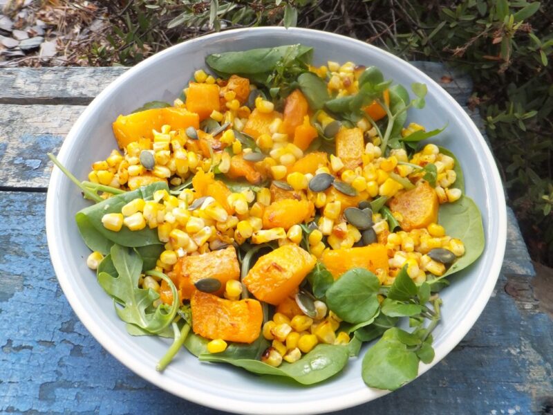 Roasted squash and spiced sweetcorn salad