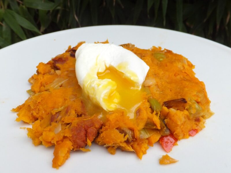 Sweet potato and bean hash with chorizo