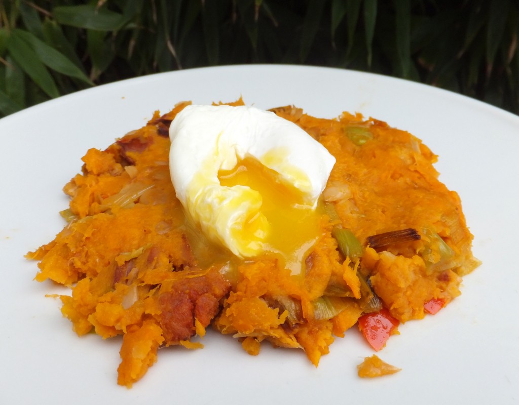 Sweet potato and bean hash with chorizo