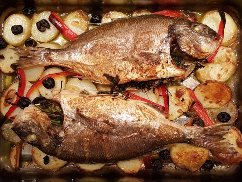 Whole bream and vegetables bake