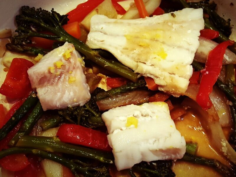 Braised cod with vegetables