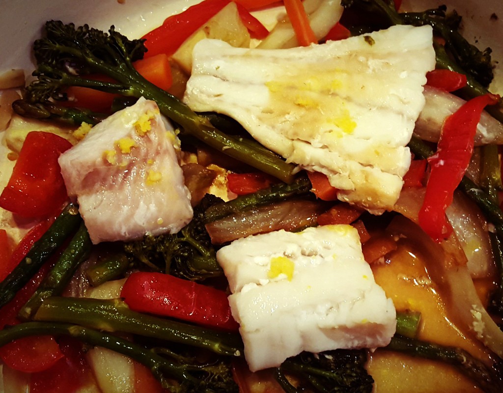 Braised cod with vegetables