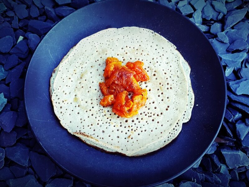 Buckwheat pancakes with papaya compote