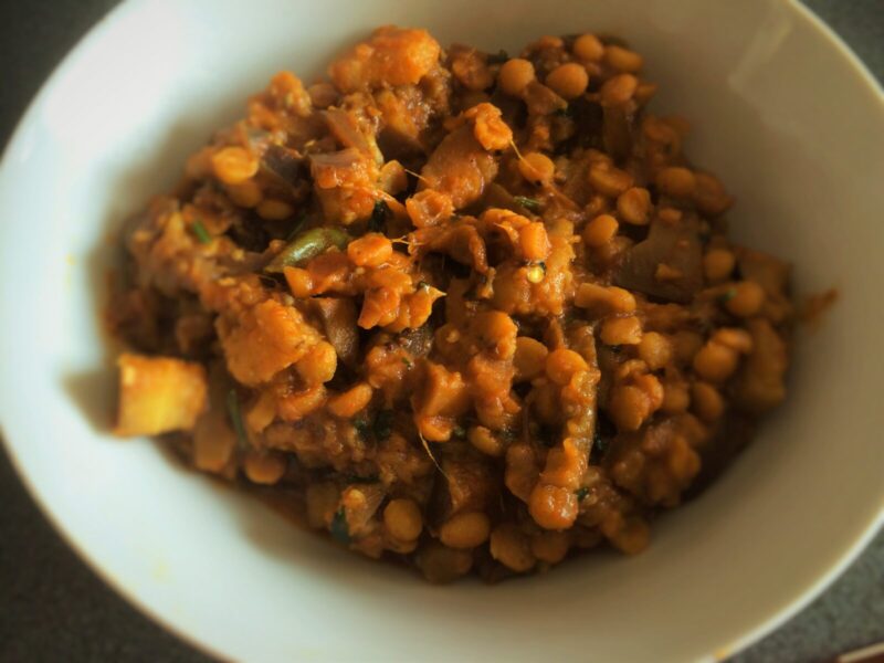 Aubergine with lentils