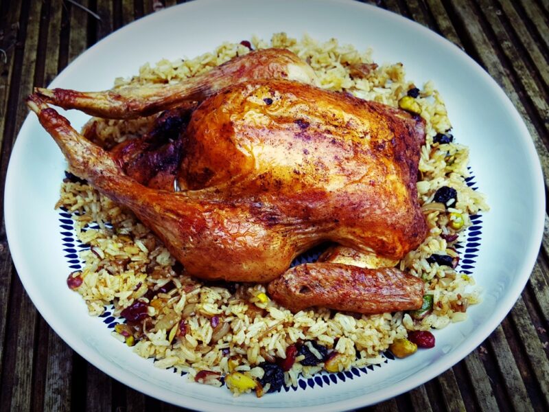 Saffron roast chicken with cherry rice