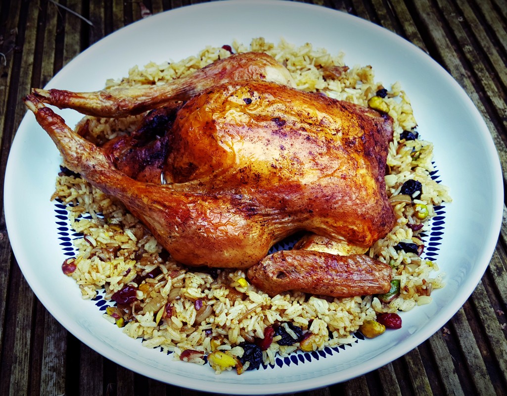 Saffron roast chicken with cherry rice