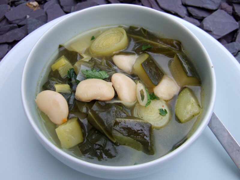 Spring vegetables and butter beans soup