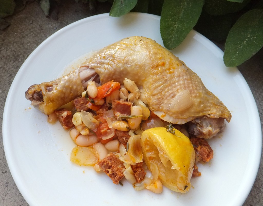 Chicken legs with chorizo and beans