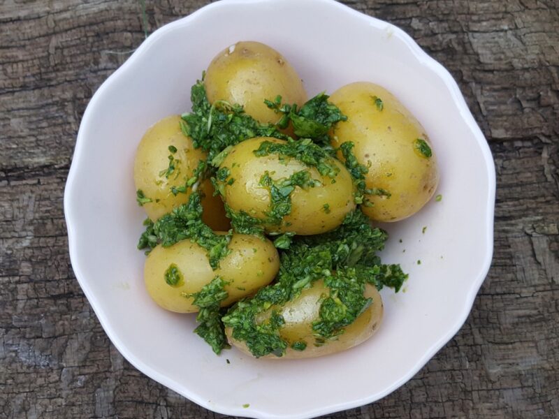 New potatoes with watercress pistou