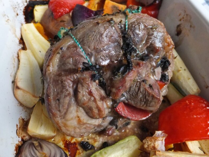 Lamb shoulder roast with red pepper and olive stuffing