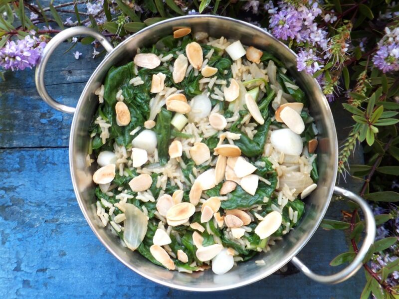 Spinach and almond pilaf