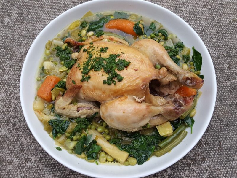 Pot-roasted chicken with vegetables and spinach pistou