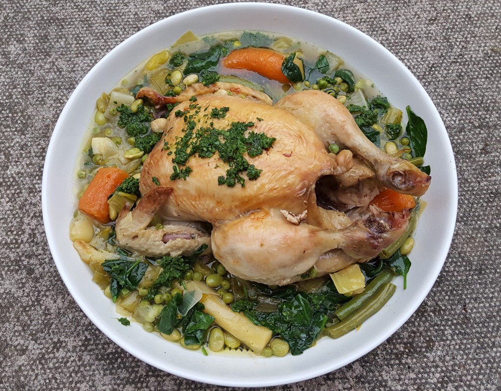 Pot-roasted chicken with vegetables and spinach pistou