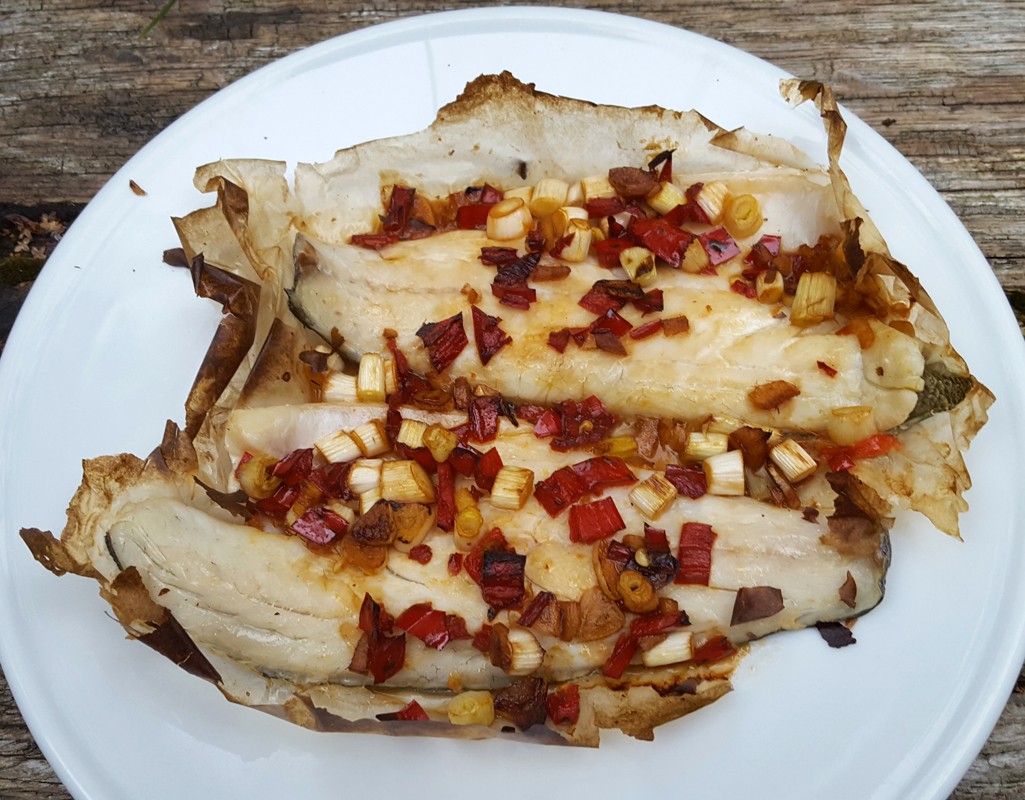 Sea bass with chilli, ginger and spring onions