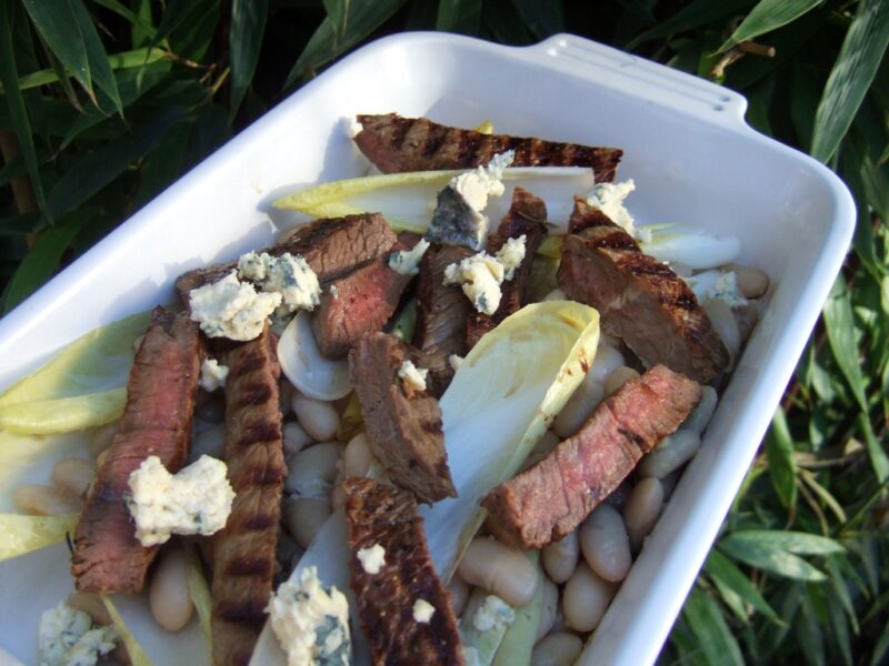 Steak with beans, Roquefort and chicory