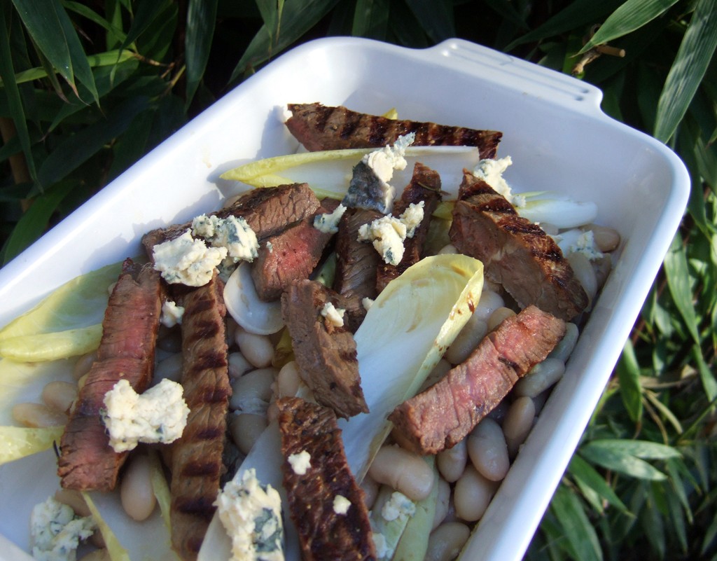 Steak with beans, Roquefort and chicory