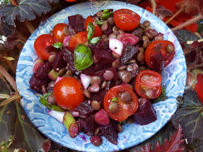 Lentil, beet and tomato salad