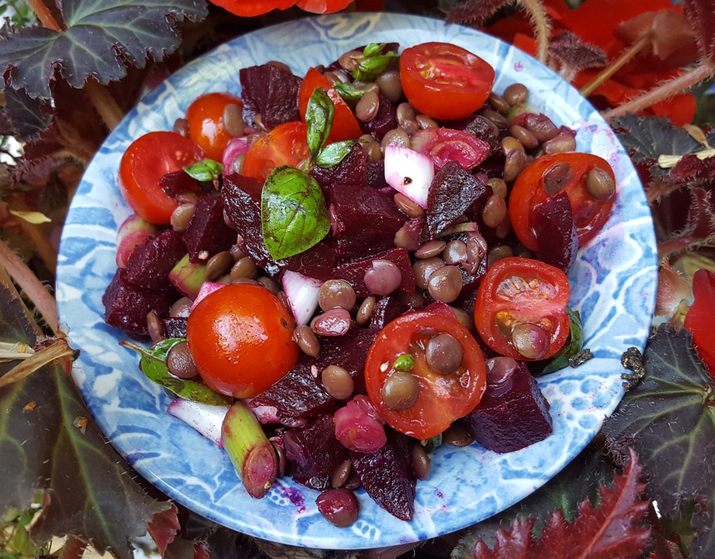 Lentil, beet and tomato salad