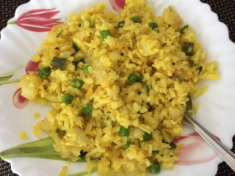 Beaten rice, potato and peas