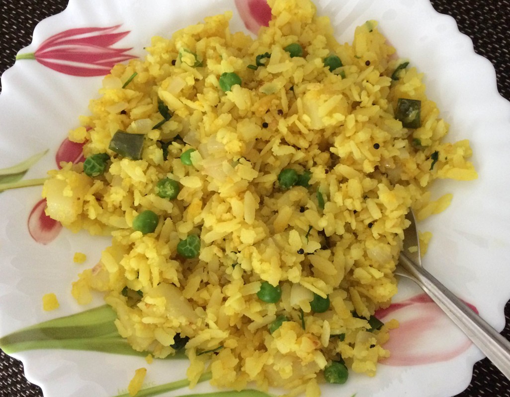 Beaten rice, potato and peas