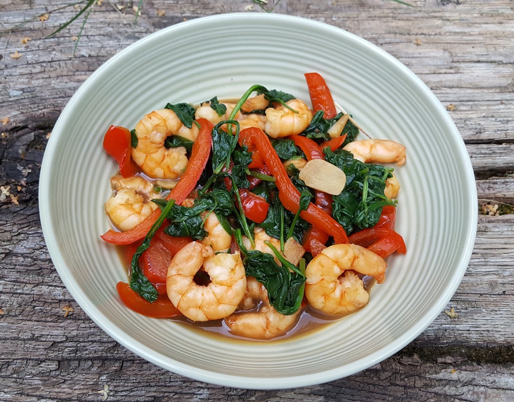 Prawns, red pepper and spinach stir-fry