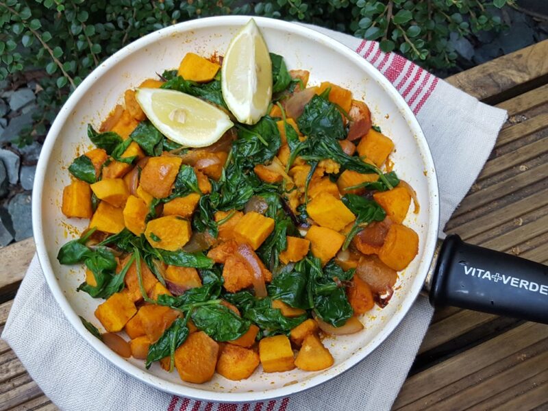 Sautéed sweet potatoes with spinach