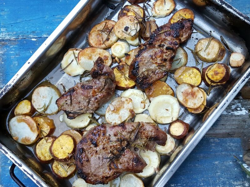 Lamb steaks with root veggies