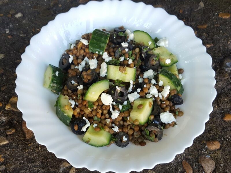 Lentil, cucumber and olive salad