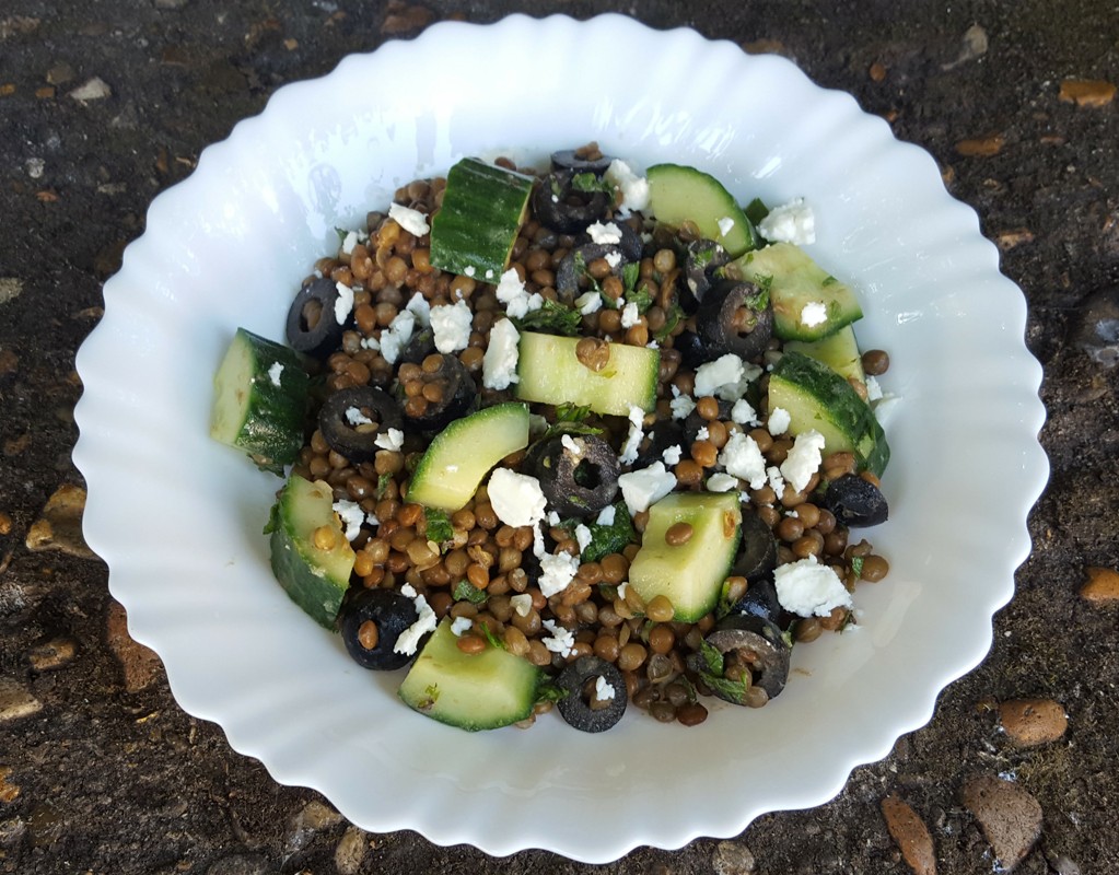 Lentil, cucumber and olive salad