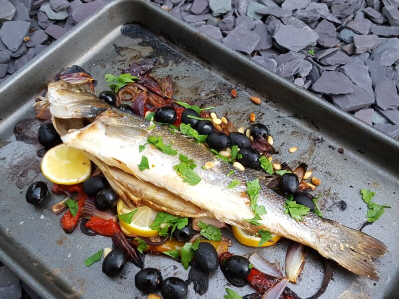 Mediterranean baked sea bass