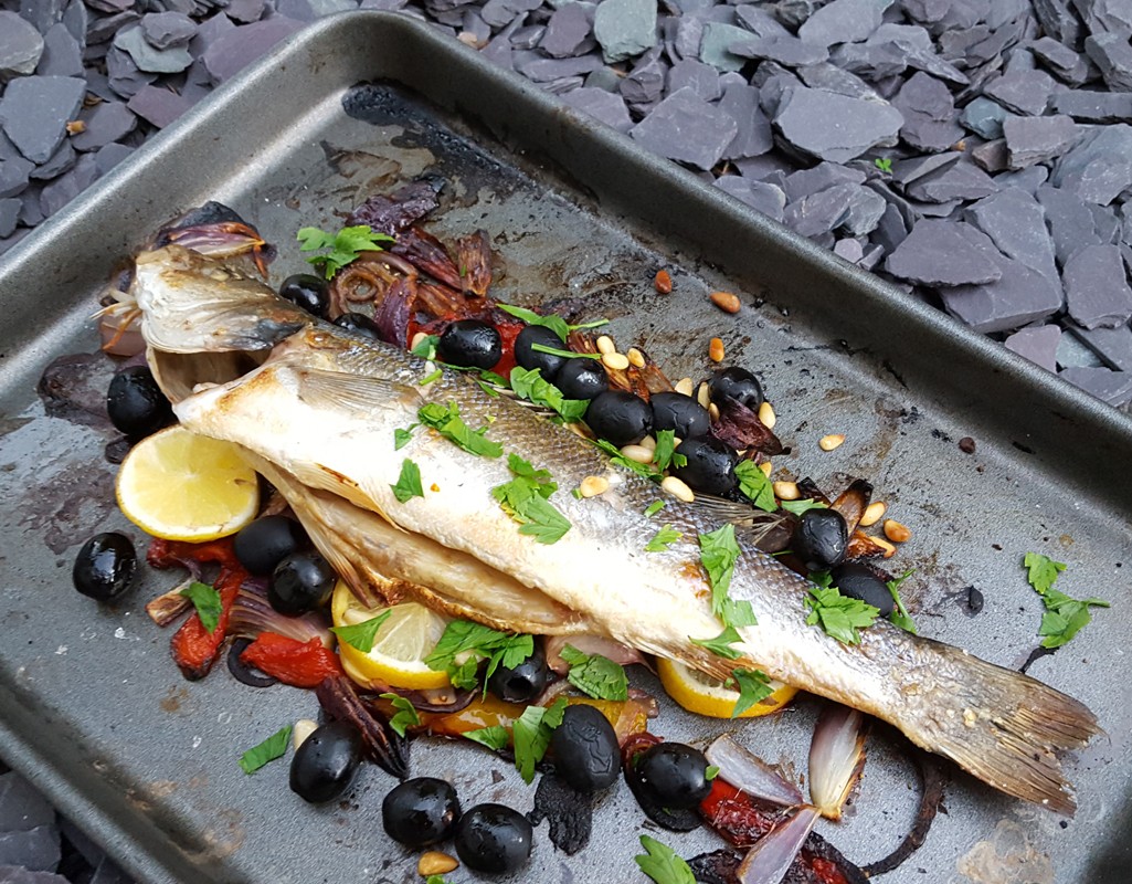 Mediterranean baked sea bass