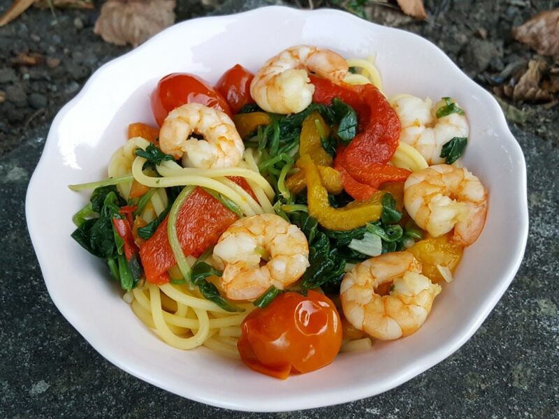 Prawns and spinach spaghetti