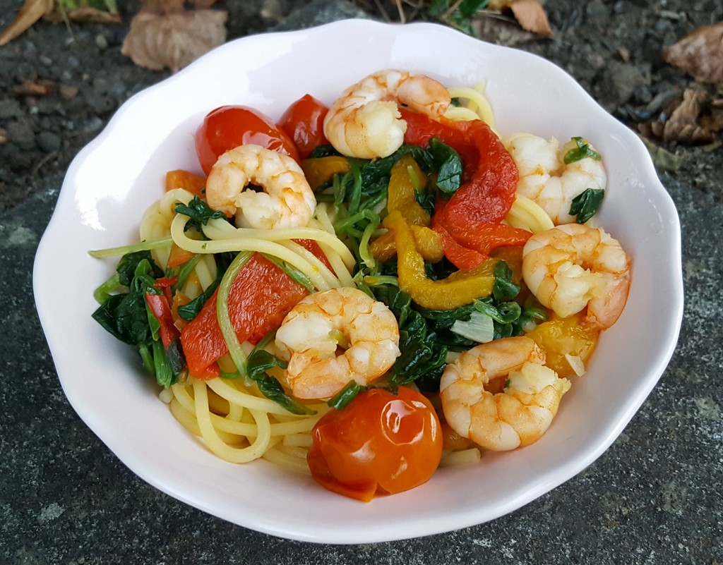 Prawns and spinach spaghetti