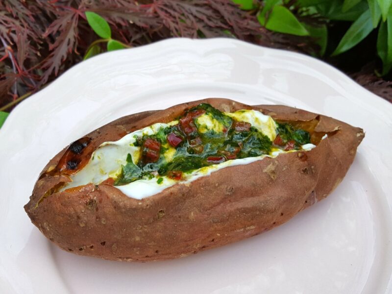 Baked sweet potatoes with gremolata