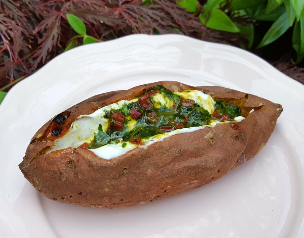 Baked sweet potatoes with gremolata