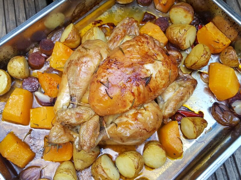 Roast chicken with butternut squash, chorizo & chilli